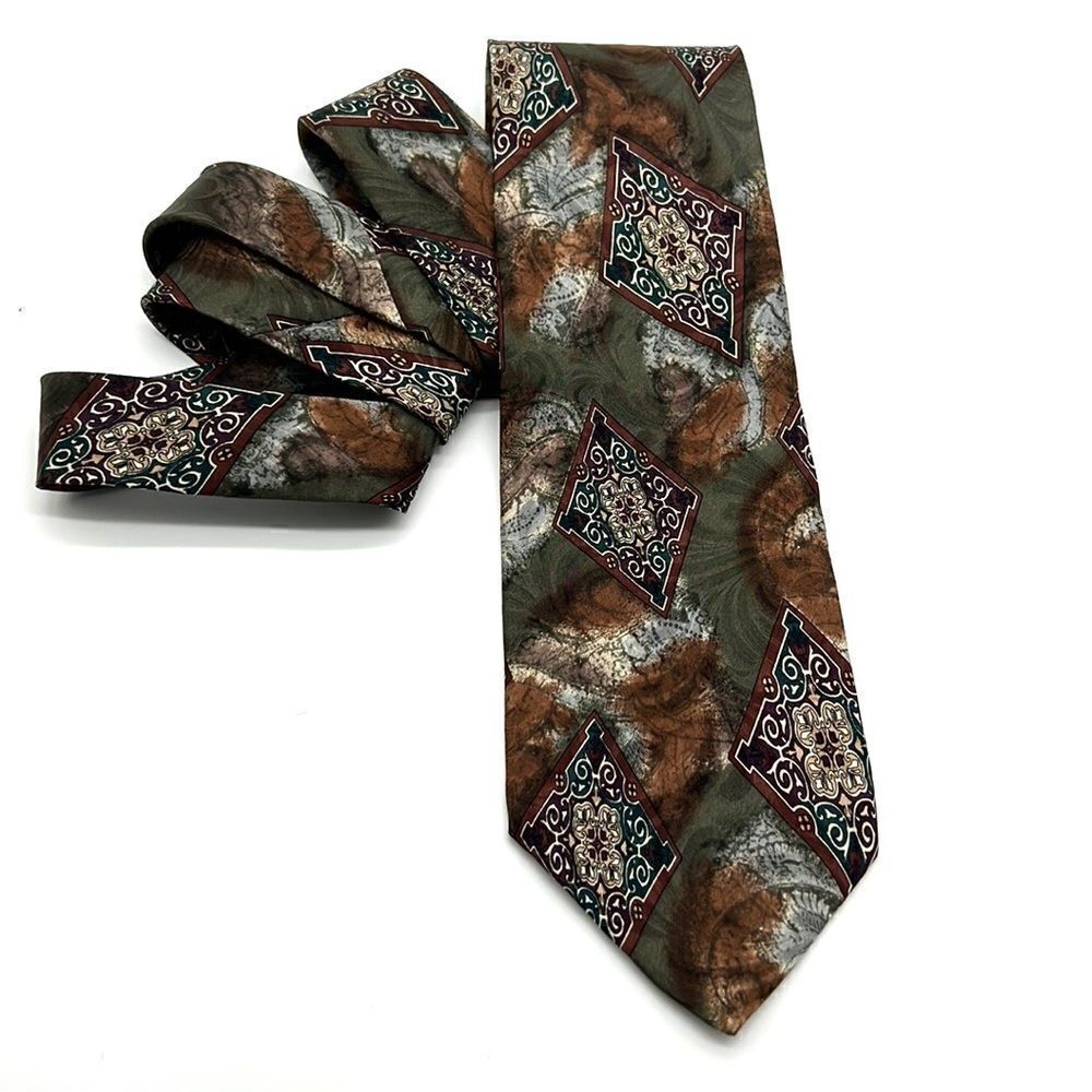 Emilio Grizante Abstract Geometric Men Olive Green & Brown Silk Necktie Italy